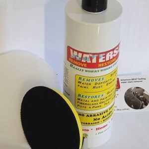 ** D I Y ** Water Spot 500ml KIT (inc: 4.5 Velcro Disc & (one) WHITE 4.5inch Glass Restore scrub pad)
